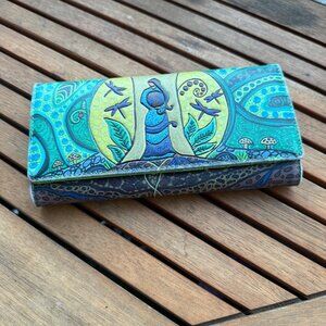 Hand-Painted Leah Dorion Wallet With Multicolor Art Design & Green Interior
